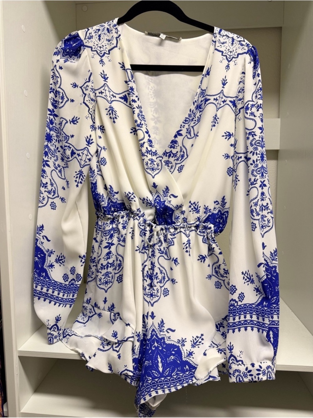 Lovers + Friends ****WOMENS ROMPER***White and Blue Floral Wrap. One-Piece